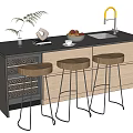 Modern Kitchen Bar Counter With Golden Faucet Sink And Three Wooden Stools