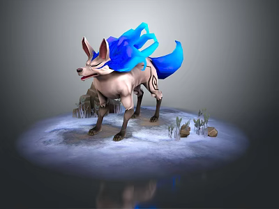Mystical Fox Like Creature With Blue Flame Fur On Ground With Stones And Plants 3d model