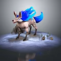 Mystical Fox Like Creature With Blue Flame Fur On Ground With Stones And Plants
