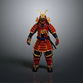 Man in Traditional Samurai Armor with Red and Gold Details and Helmet
