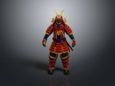Man in Traditional Samurai Armor with Red and Gold Details and Helmet 3d model