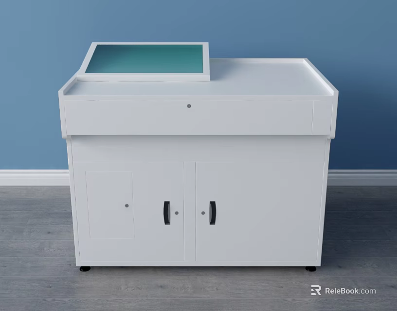 White Functional Desk With Green Top Surface And Storage Cabinets 3d model