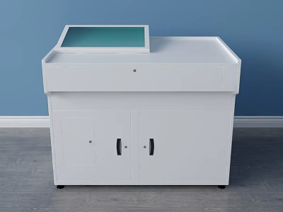 White Functional Desk With Green Top Surface And Storage Cabinets 3d model
