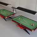 Billiard Room Interior With Two Green Felt Tables Red Legs Pool Cues And Balls