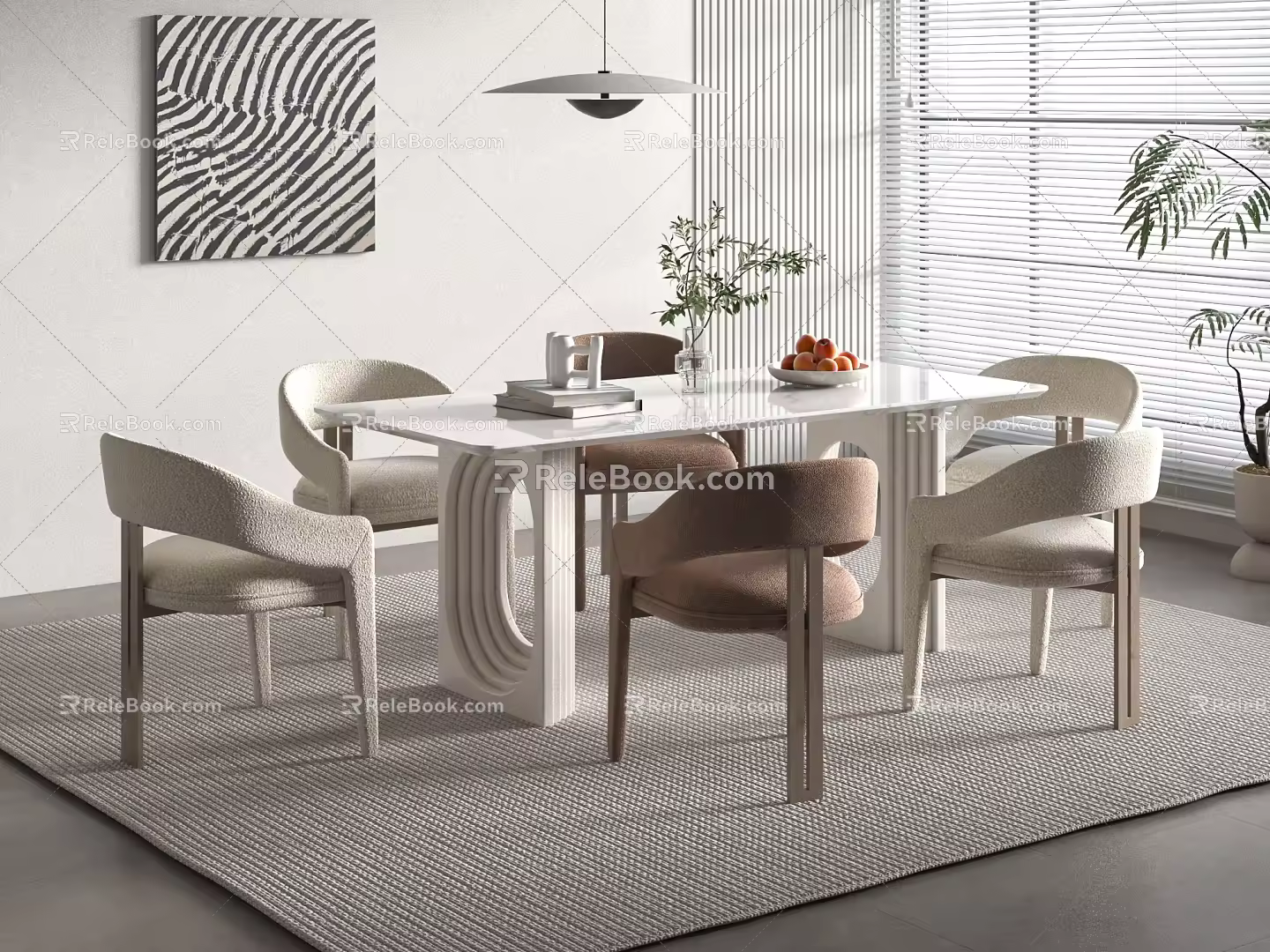 Cream wind dining table and chair combination 3d model