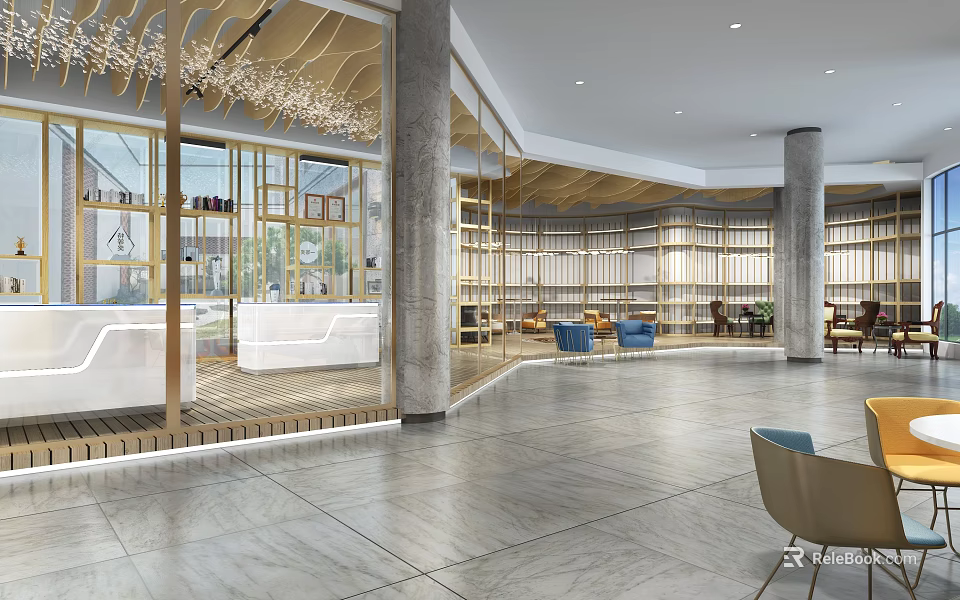 Modern Hotel Lobby Interior With Reception Desk Bookshelves Comfortable Chairs And Decorative Chandeliers 3d model 