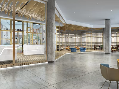 Modern Hotel Lobby Interior With Reception Desk Bookshelves Comfortable Chairs And Decorative Chandeliers 3d model