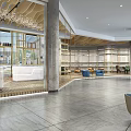 Modern Hotel Lobby Interior With Reception Desk Bookshelves Comfortable Chairs And Decorative Chandeliers