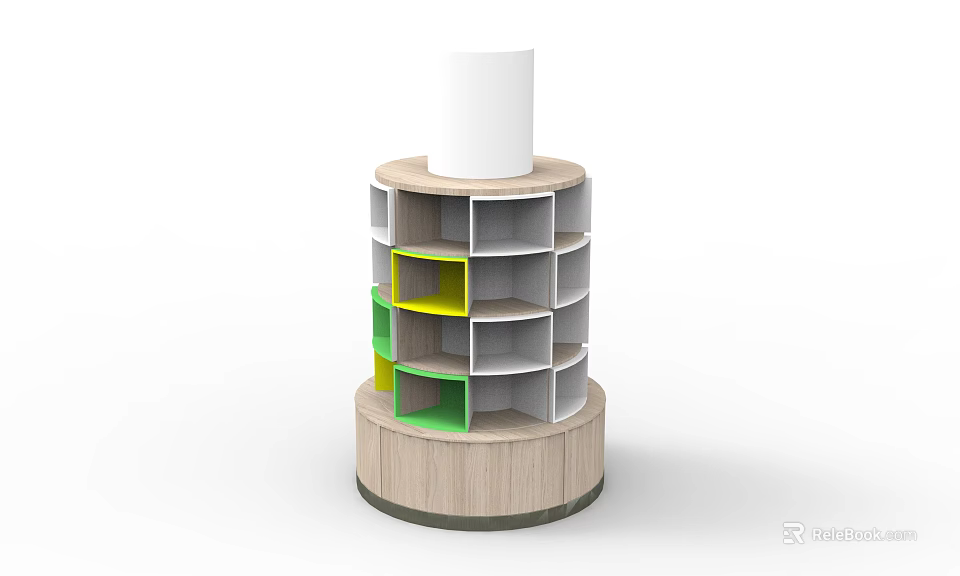 Circular Display Rack with Multi Tiered Wooden Structure and Colorful Storage Compartments 3d model 