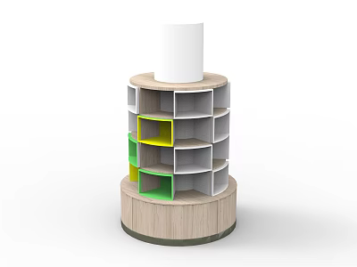 Circular Display Rack with Multi Tiered Wooden Structure and Colorful Storage Compartments 3d model