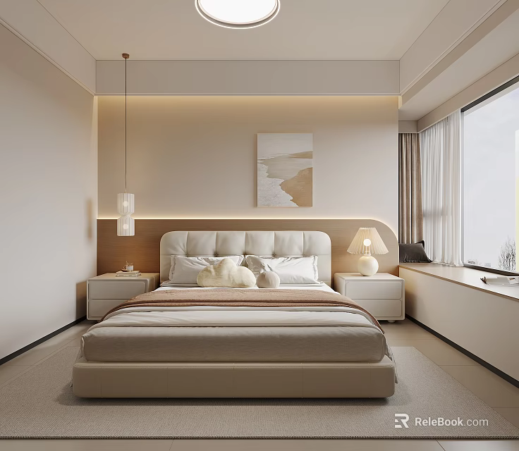 Modern Cozy Bedroom Interior With Large Bed Soft Upholstered Headboard Bedside Lamps And Wall Art 3d model 