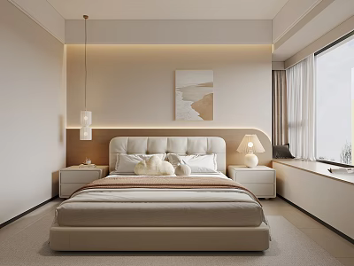 Modern Cozy Bedroom Interior With Large Bed Soft Upholstered Headboard Bedside Lamps And Wall Art 3d model