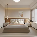 Modern Cozy Bedroom Interior With Large Bed Soft Upholstered Headboard Bedside Lamps And Wall Art