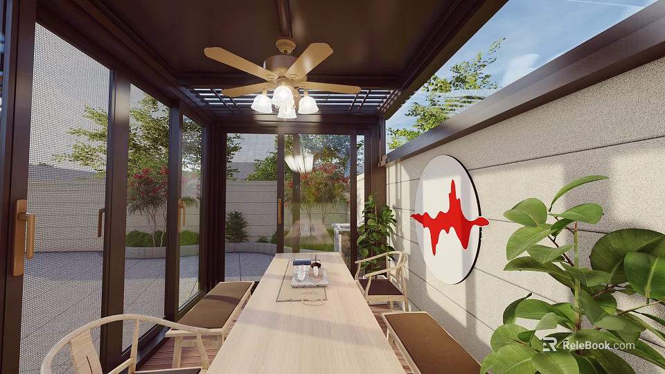 Modern Villa Balcony With Ceiling Fan Lighting Glass Walls Dining Table Greenery And Artwork 3d model 
