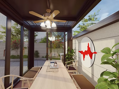 Modern Villa Balcony With Ceiling Fan Lighting Glass Walls Dining Table Greenery And Artwork 3d model