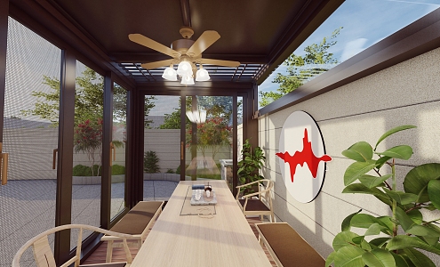 New Chinese-style sunshine room on the first floor courtyard on the first slope top sunshine room pavilion sliding door screen door 3d model