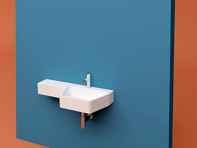 Minimalist White Wall Mounted Washbasin With Modern Faucet On Blue Wall Background 3d model
