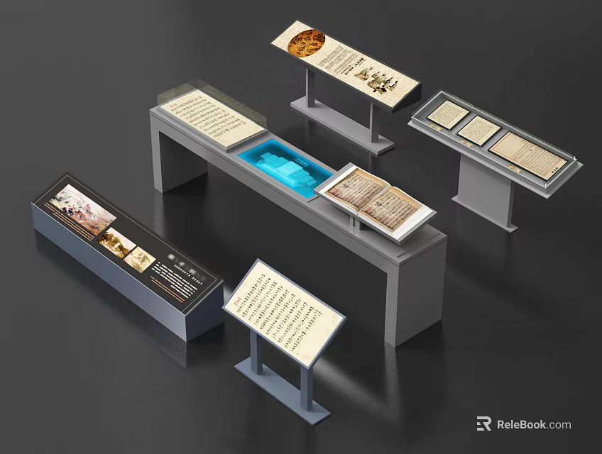 Modern Exhibition Display Shelves With Transparent Panels And Information Boards 3d model 