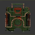 Green Cube Shaped Industrial Equipment With Red Accents Metallic Pipes And Control Panel