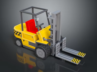 Yellow Forklift With Red Seat Grey Frame And Warning Striped Forks 3d model