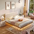 Modern Double Bed With Tufted Headboard Nightstand Decorative Art And Green Plants