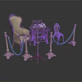 Classical Style Furniture Display With Ornate Armchair Small Round Table Golden Stanchions And Blue Ropes