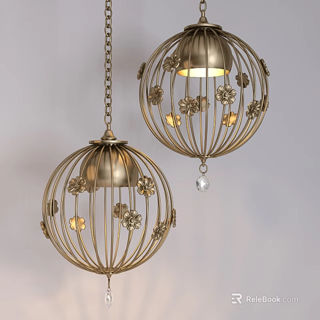 Golden Metallic Spherical Chandelier with Intricate Floral Cutouts and Crystal Pendant 3d model 