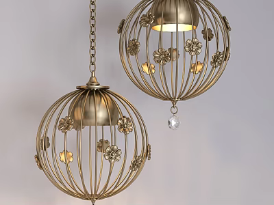 Golden Metallic Spherical Chandelier with Intricate Floral Cutouts and Crystal Pendant 3d model