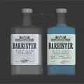 Barrister London Dry Gin and Blue Bottle Gin in Transparent Bottles with Silver Caps
