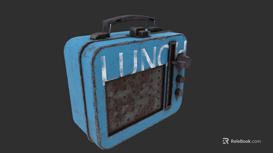 Blue Vintage Lunch Box Shaped Portable Speaker With Retro Design And LUNCH Lettering 3d model 