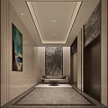 Modern Elevator Lobby Interior Design With Decorative Paintings Beige Sofa And Recessed Lights 3d model