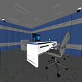 Monitoring Room Interior With Blue Striped Walls Control Desk And Black Chair