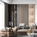Modern Living Room Interior With Sofa Multiple Cushions Wooden Textured Wall And Metallic Circular Decor
