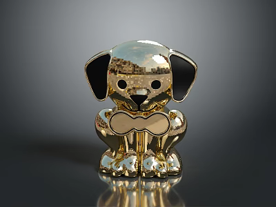 Golden Dog Figurine with Black Ears and Bow Tie on Reflective Base 3d model