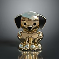 Golden Dog Figurine with Black Ears and Bow Tie on Reflective Base