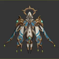 Elegant Divine Mythical Creature Character With Golden Blue Ornaments Horned Headpiece And Gemstone Wings