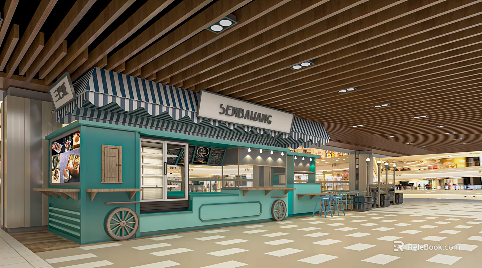 Turquoise Café Kiosk With Striped Awning Display Case Counter And Blue Chairs In Mall Interior 3d model 