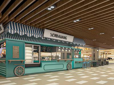 Turquoise Café Kiosk With Striped Awning Display Case Counter And Blue Chairs In Mall Interior 3d model
