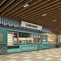 Turquoise Café Kiosk With Striped Awning Display Case Counter And Blue Chairs In Mall Interior