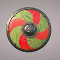 Traditional Round Shield With Green Red Patterns Metal Center And Riveted Edges