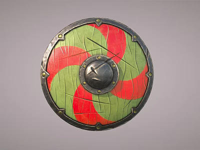 Traditional Round Shield With Green Red Patterns Metal Center And Riveted Edges 3d model