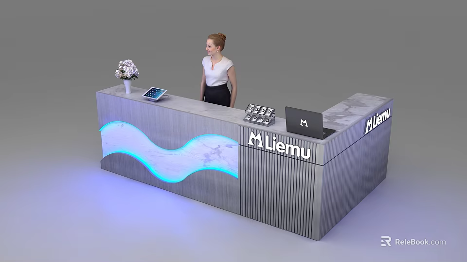 Modern Liemu Reception Desk With Wave LED Lighting Tablet Laptop And Flower Arrangement 3d model 