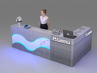 Modern Liemu Reception Desk With Wave LED Lighting Tablet Laptop And Flower Arrangement 3d model