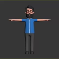 3D Cartoon Bearded Man Wearing Glasses Blue Shirt Arms Outstretched Gray Background