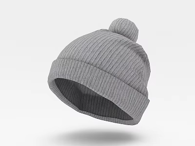 Gray Knit Beanie Hat With Pom Pom And Ribbed Texture For Winter Warmth 3d model