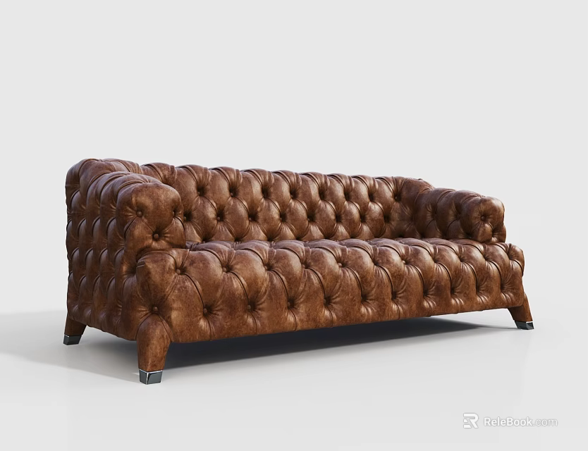 Classic Brown Tufted Leather Sofa With Button Details And Sturdy Wooden Legs 3d model 
