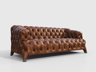 Classic Brown Tufted Leather Sofa With Button Details And Sturdy Wooden Legs 3d model