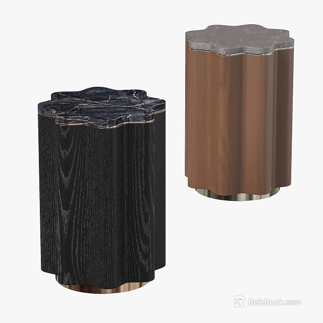 Modern Side Tables with Black Brown Wooden Bodies Marble Tops and Metal Bases 3d model 