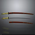 Japanese Samurai Swords With Red Scabbards Yellow Hilts And Decorative Patterns