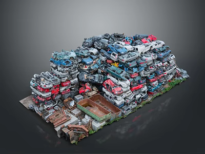 Large Scrap Cars Pile Stacked With Various Colors And Old Auto Parts 3d model